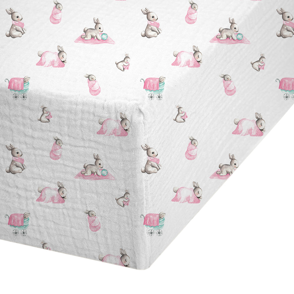 Lastikli Müslin Bebek Çarşaf - Bébé Lapin Rose