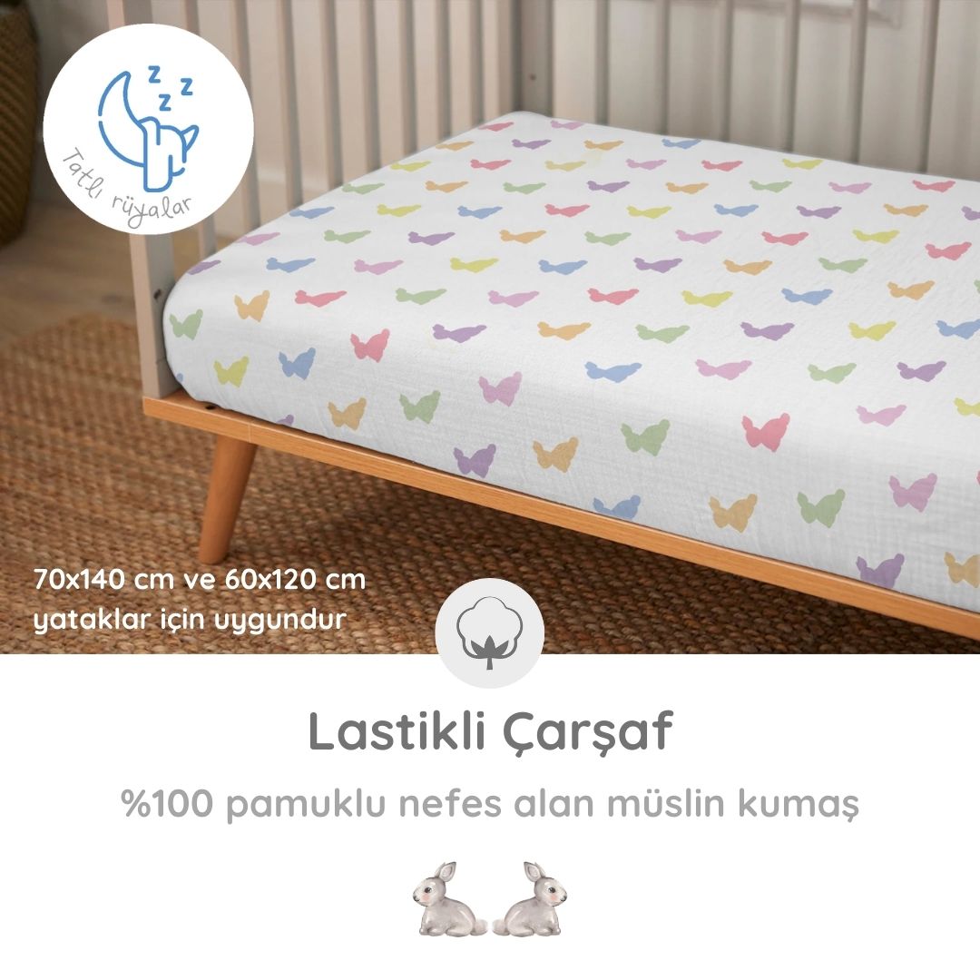 Lastikli Müslin Bebek Çarşaf - Rainbow Lapin